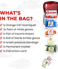 Bleeding Control Kit With Tourniquet For Emergencies, Easy To Use First Aid Kit With Stop The Bleed License, Veteran Made In USA, segmented packaging, items displayed