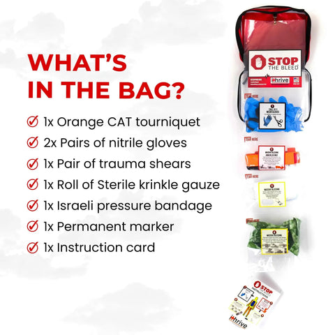Bleeding Control Kit With Tourniquet For Emergencies, Easy To Use First Aid Kit With Stop The Bleed License, Veteran Made In USA, segmented packaging, items displayed