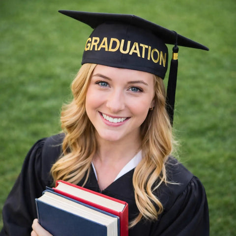 Graduate wearing cap with gold lettering, holding books; Gold Self Adhesive Vinyl Letter Stickers 202 Pcs 8 Sheets 1 Inch Alphabet And Number Stickers For Mailbox Signage Graduation Cap Scrapbook Window Door Address And Business Use Waterproof DIY Ready focus keyword.