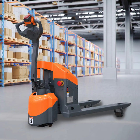 Heavy Duty Tory 3300 Lb Full Electric Pallet Jack With Long Battery Life in a warehouse, showcasing multifunction handle and robust design.