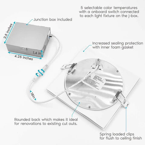 Smooth Six Inch Square Led Recessed Lighting Kit With Easy Tuneable Color Switch Ultra Thin Ceiling Fixtures For No Fuss Home Upgrades And Top Shelf Appeal 16 Pack junction box and fixture details