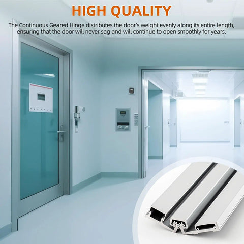 Rock Solid 83 Inch Heavy Duty Anodized Aluminum Continuous Geared Hinge With Center Pivot And Tamperproof Frame Built To Last For Busy Storefront Door Fixes In Silver shown in a corridor setting.