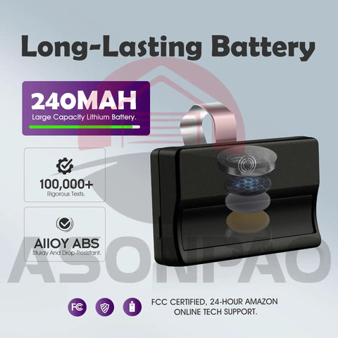Detail view of 2 Pack Remote for LiftMaster 371LM and Chamberlain 950CD showing battery capacity, material, and durability features.