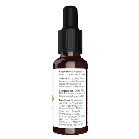 Back of one ounce bottle of Herbal Ear Oil Soothing Blend For Mild Ear Irritation And Discomfort That Cleanses And Moisturizes The Ear Canal