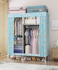 Hella Roomy Portable Canvas Wardrobe With Reinforced Steel Tubing And Full Hanging Rail showing organized clothes and shoes.