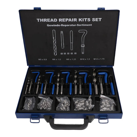 Jiawu 131 Piece Metric Thread Repair Kit With Sturdy Helicoil Tools For Auto Jobs, Includes M5 To M12 Inserts, Taps, Drill Bits And Wrench So You Can Totally Fix Stripped Bolts Easy Peasy Like Sunday Morning. open case with M5-M12 thread inserts, taps and drill bits