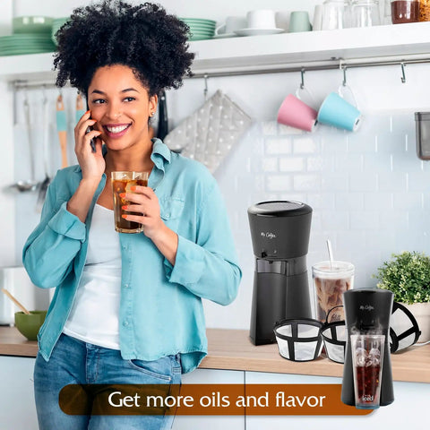 Woman in kitchen with Four Pack Reusable Coffee Filters With Handle For Eight To Twelve Cup Mr Coffee And Black Decker Coffee Makers.