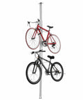 Aluminum Ceiling Bike Rack With Adjustable Height Mount For Two Bikes Heavy Duty Garage Storage And Display Stand Up To 200 Lbs Protects Ceiling With Top Plate Easy Install showing two bikes mounted overhead.