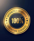 Gold 100% satisfaction guarantee emblem on dark background.