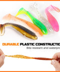 108 Piece Tackle Box Fishing Lures Set With Paddle Tail Swimbaits Soft Worms Floating Shrimp Lures And Round Jig Heads For Freshwater Crappie Bass Trout All In One Tackle Kit For Men, showing colorful paddle tail lures
