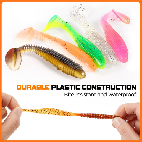 108 Piece Tackle Box Fishing Lures Set With Paddle Tail Swimbaits Soft Worms Floating Shrimp Lures And Round Jig Heads For Freshwater Crappie Bass Trout All In One Tackle Kit For Men, showing colorful paddle tail lures