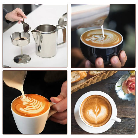 Four images of coffee brewing, including a percolator, with Unbleached 3.75 Inch Percolator Coffee Filter Discs, 200 Count visible.