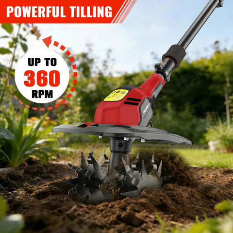 Cordless Tiller Cultivator For Easy Yard Work, M18 Battery Compatible, digging soil at 9 inch width, 360 RPM, front view