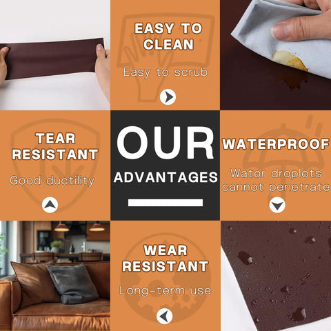 Leather Repair Patch 3x60In Self Adhesive Tape Kit advantages showing tear resistance, waterproof and easy cleaning properties.