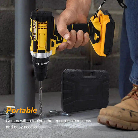 Tough As Nails 21v Cordless Drill Tool Kit With Dual Rechargeable Batteries And Six Precision Bits Ergonomic Grip For Wood Metal Plastic And Easy Fixes held in hand with toolbox visible.