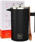 Double Wall Stainless Steel French Press Coffee Maker With Built In Thermometer And Fine Mesh Dual Filters For A Solid Morning Kick And Rich Flavor Every Time Includes Wooden Spoon For Zero Fuss Brewing In Sleek Black next to its box.