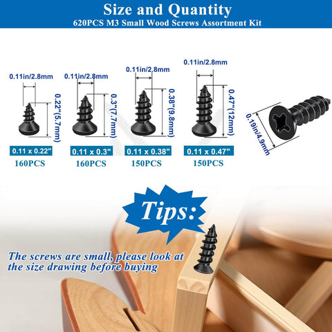 620 Piece M3 Wood Screws Assortment Kit with Phillips Drive shown with sizes 5.7mm, 7.7mm, 9.8mm, 12mm in furniture setup.