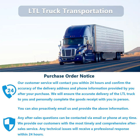 LTL truck on highway with customer service and order notice text overlay.