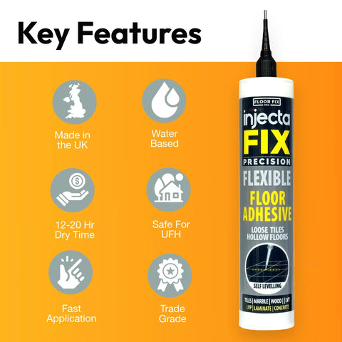 Extra Strength Floor And Tile Adhesive For Loose Or Hollow Tiles And Squeaky Wood Floors, All In One Repair Solution With A 5/64 Inch Stainless Steel Injection Tip And Anti Clog Cap, 10.1 Fl Oz, Delivers Quick No Brainer Fix product image with key features displayed.