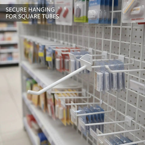 White Square Profile Metal Hook For Grid Shelving in retail display, holding products on standard square grids, lightweight hanger