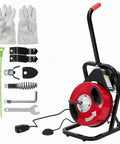 Heavy Duty Electric Drain Cleaning Machine Paired With A Badass Sewer Snake Auger, gloves and accessories for drain cleaning.