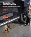 16 Inch Pressure Washer Undercarriage Cleaner Kit With 4000 PSI Stainless Steel Surface Cleaner in use washing vehicle undercarriage