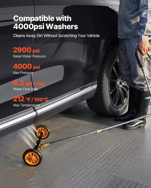 16 Inch Pressure Washer Undercarriage Cleaner Kit With 4000 PSI Stainless Steel Surface Cleaner in use washing vehicle undercarriage