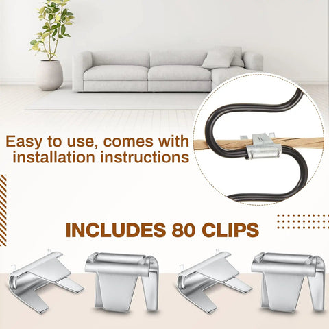 Heavy Duty Upholstery Stay Wire And Spring Repair Kit With 60 Feet Paper Wrapped Cord Plus 120 Solid Clips To Quick Fix Sagging Couches No Sweat, showing clips and wiring.