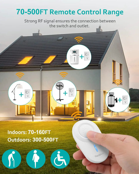 Person holding remote for Two Pack Wireless Remote Control Outlet Plugs No Wiring Needed Remote Light Switch Kit With 500 Feet RF Range 275V 15A 1500W in front of house