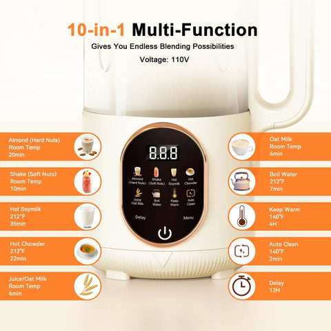 Front view of 50 Oz Nut Milk Maker With 10 In 1 Functions And 20 Blades For Almond Cashew Coconut Oat Milk Plant Based Bevs Plus Chowder Juice Soy Milk Delay Start Boil Water Keep Warm And Auto Clean showing control panel and functions.