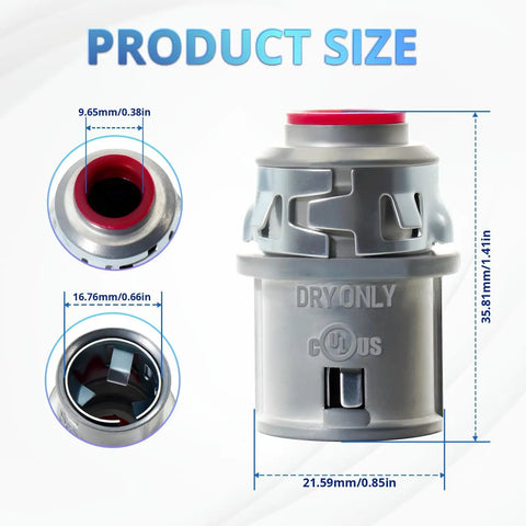 Heavy Duty Snap In Cable Connector For Metal Clad Wiring Smooth Install Zinc Conduit Fitting dimensions showing 3/8 inch size.