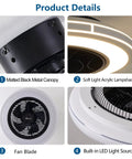 Close-up of bladeless 21 inch ceiling fan with remote control and light kit showing metal canopy and acrylic lampshade.