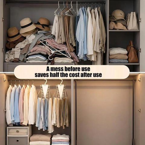 Slick V Shaped Double Sided Clothes Hanger With Twelve Hooks For Dig Free Closet Organization And Rotating Wardrobe Storage in organized closet.
