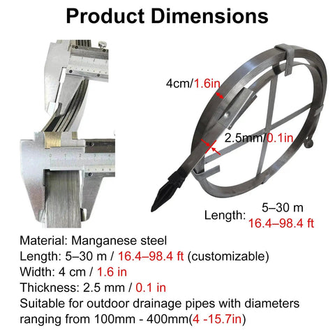 Heavy Duty Manganese Steel Drain Snake Auger Flexible Sewer Cleaning Tool That Bends Around Corners And Kicks Bad Clogs Straight Outta Your Pipes dimensions and specifications.