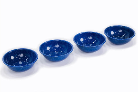 Six Inch Enamel Camping Bowls 4 Pack, Lightweight Durable Steel With Classic Blue Speckle Coating, Easy To Clean, Must Have Backpacking Cookware
