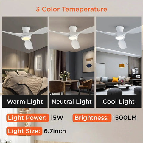 52 Inch Ceiling Fan With Lights Remote Control Modern Low Profile Design Quiet Reversible DC Motor For Bedroom Living Room And Patio perfect for summer comfort showing warm neutral cool light settings