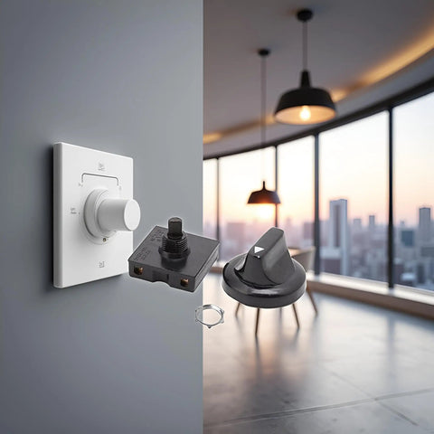 4 Position Rotary Fan And Light Wall Control With 3 Speed Settings And Off No Fuss, shown in a modern office environment.