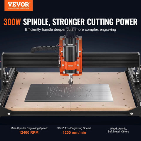 Front view of Beefy 300W 3 Axis CNC Router Engraving Machine Kit With GRBL Control, showing spindle and engraver on work area