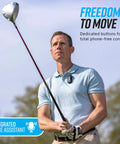 Man playing golf wearing 39G Wearable Bluetooth Speaker With Magnetic Clip On Waterproof For All Weather Up To 15 Hours Of Playtime Clip On Microphone Speaker For Backpack Or Collar 100 Foot Range And Comfortable Lightweight Design.