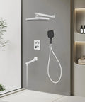 Shower System with Digital Display Thermostatic Faucet Set Copper ABS on gray wall, featuring rain shower and handheld showerhead.