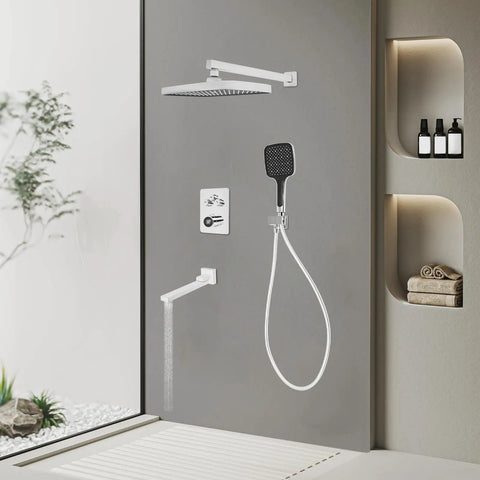 Shower System with Digital Display Thermostatic Faucet Set Copper ABS on gray wall, featuring rain shower and handheld showerhead.