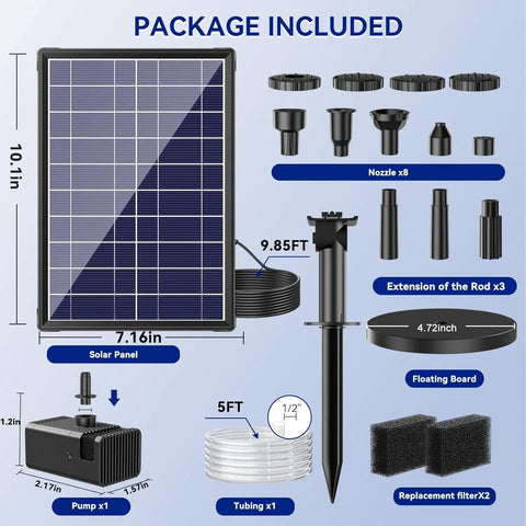 Package contents of 8 Watt Solar Water Pump With Dry Run Protection No Plug Needed For Bird Baths And Small Ponds, Double Layer Nozzles, 5 Ft Tubing, Eco Friendly Outdoor Fountain Pump For Garden, Patio, And Water Features