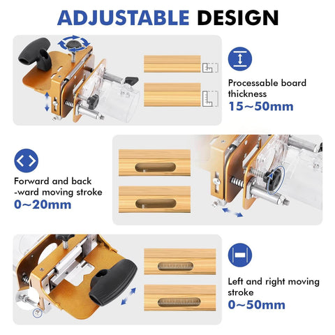 Adjustable 2 In 1 Invisible Fastener Slotting Bracket Mortise And Tenon Jig For Router, showcasing adjustable board thickness and movement.
