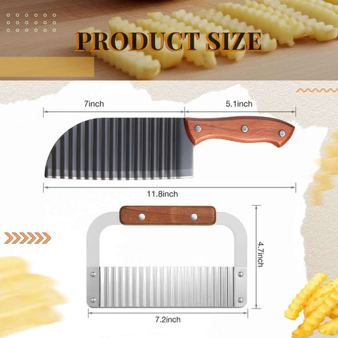 Front view of Patelai 2-piece crinkle cutter set with wooden-handled, stainless steel wavy blades.