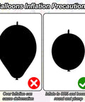 Balloons Inflation Precautions showing overinflation versus 80% inflation for Metallic Chrome 6 Inch Quick Link Balloons Set Of 60