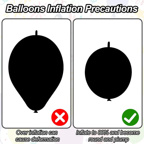Balloons Inflation Precautions showing overinflation versus 80% inflation for Metallic Chrome 6 Inch Quick Link Balloons Set Of 60