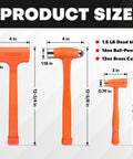 Dead Blow Hammer Set 3 Piece Kit With 1.5 Lb Dead Blow 12 Oz Brass Cap Hammer 16 Oz Ball Peen Brass Head sizes displayed