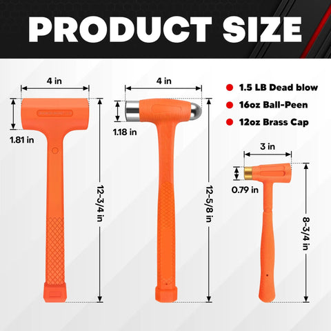 Dead Blow Hammer Set 3 Piece Kit With 1.5 Lb Dead Blow 12 Oz Brass Cap Hammer 16 Oz Ball Peen Brass Head sizes displayed