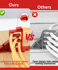 Comparison image showing 10 Pack Multi Cable Staples With Steel Nails, Non Metallic Push In Install Fix Hold Power Cords Wires Easy Secure No Drill Necessary.