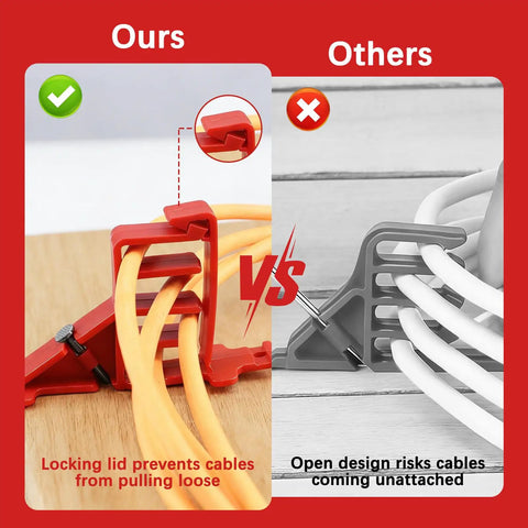 Comparison image showing 10 Pack Multi Cable Staples With Steel Nails, Non Metallic Push In Install Fix Hold Power Cords Wires Easy Secure No Drill Necessary.